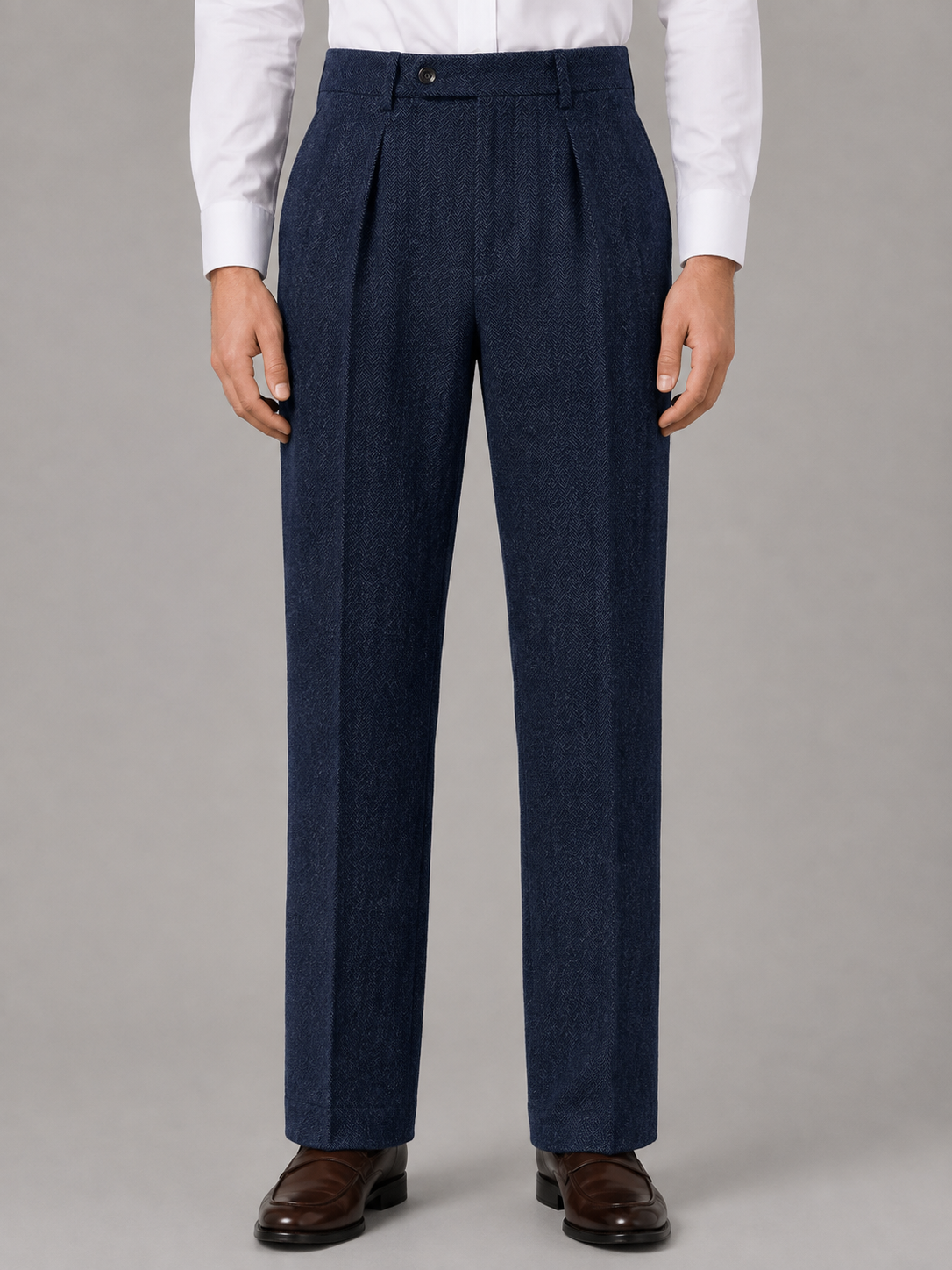 Men's Herringbone Pleated Trousers – Straight Leg Tailored Fit