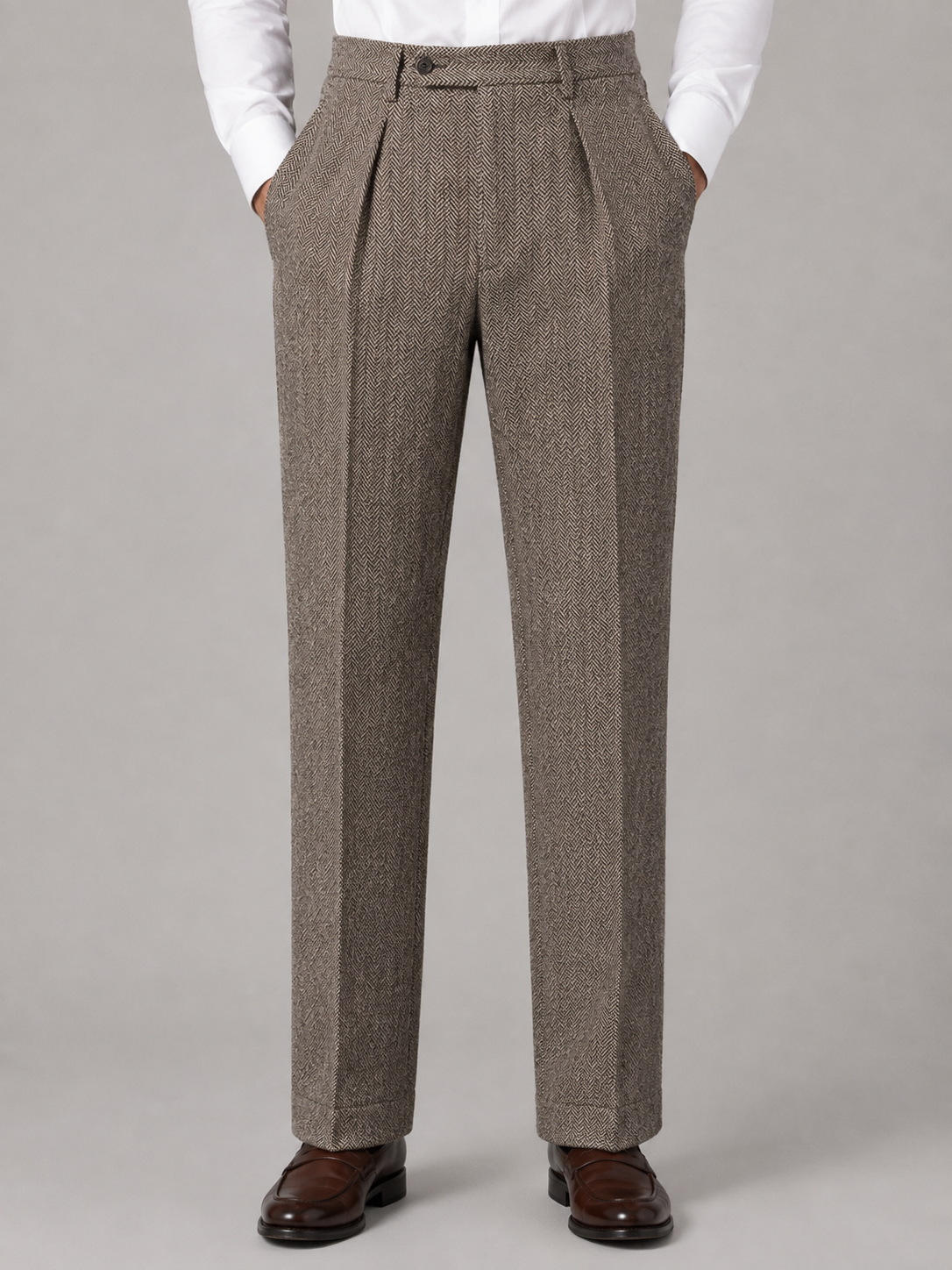 Men's Herringbone Pleated Trousers – Straight Leg Tailored Fit