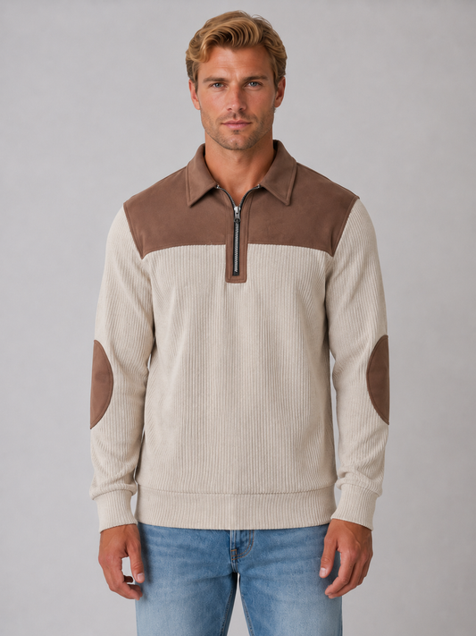 Men's Quarter Zip Jumper – Ribbed Pullover with Elbow Patches