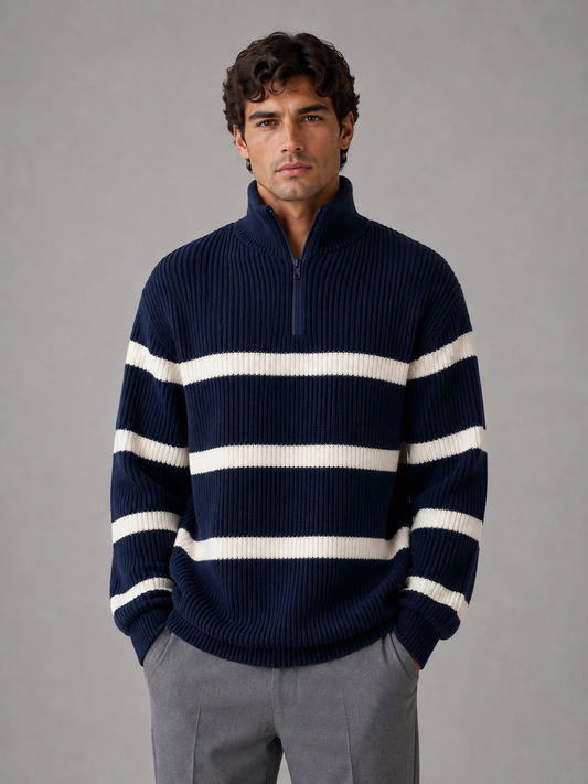 Men's Striped Half Zip Jumper – Oversized Ribbed Knit