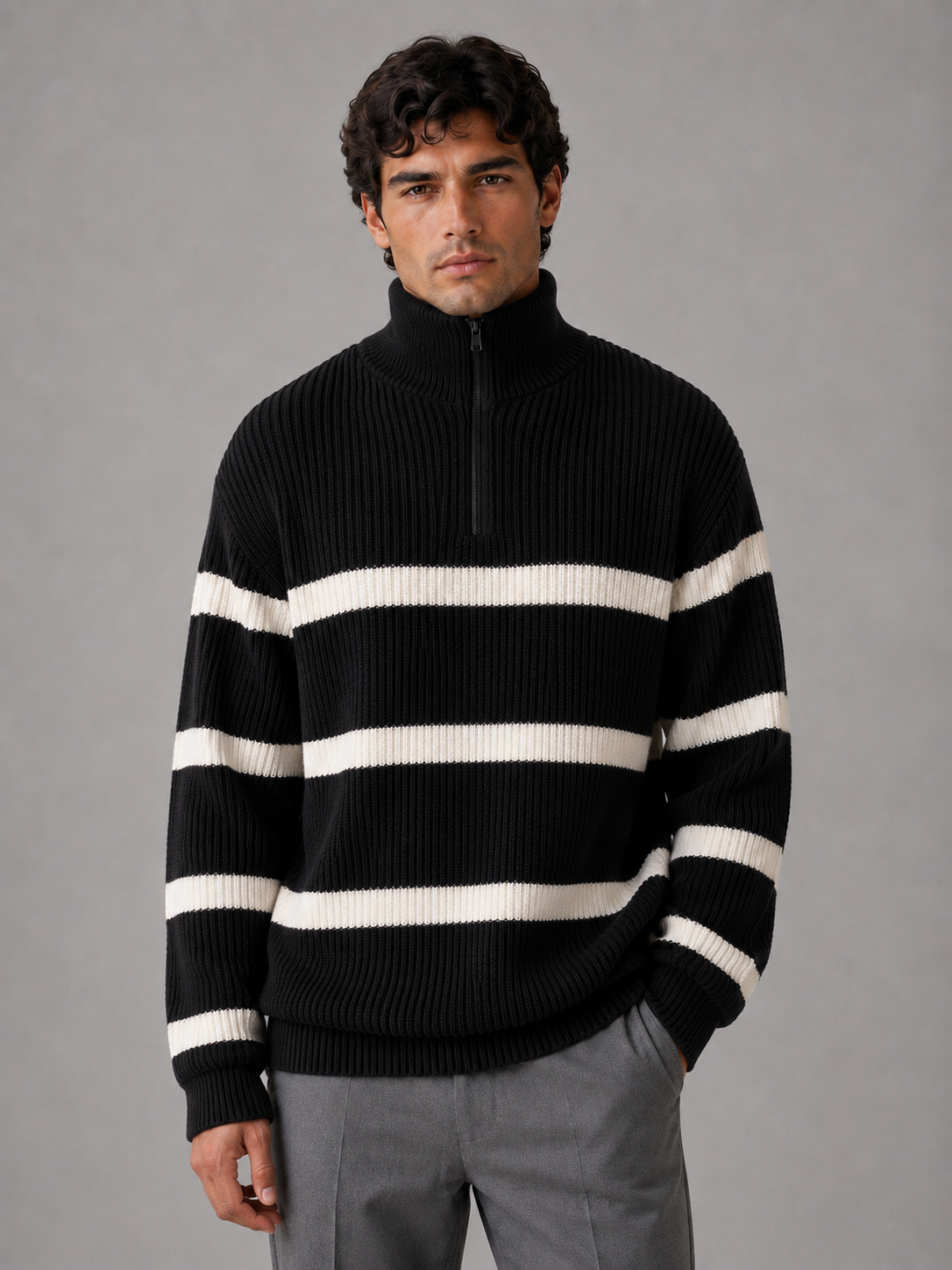 Men's Striped Half Zip Jumper – Oversized Ribbed Knit
