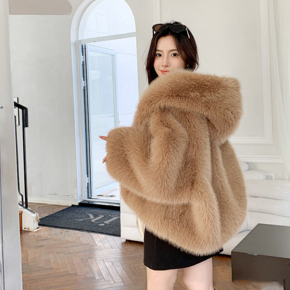 Stella | Comfy Hooded Long Sleeve Faux Coat