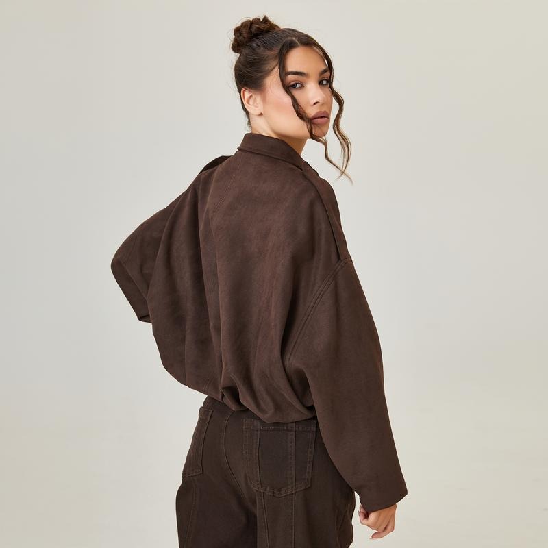 Blossom | Oversized Suede Bomber Jacket with Zip Front and Drop Shoulders