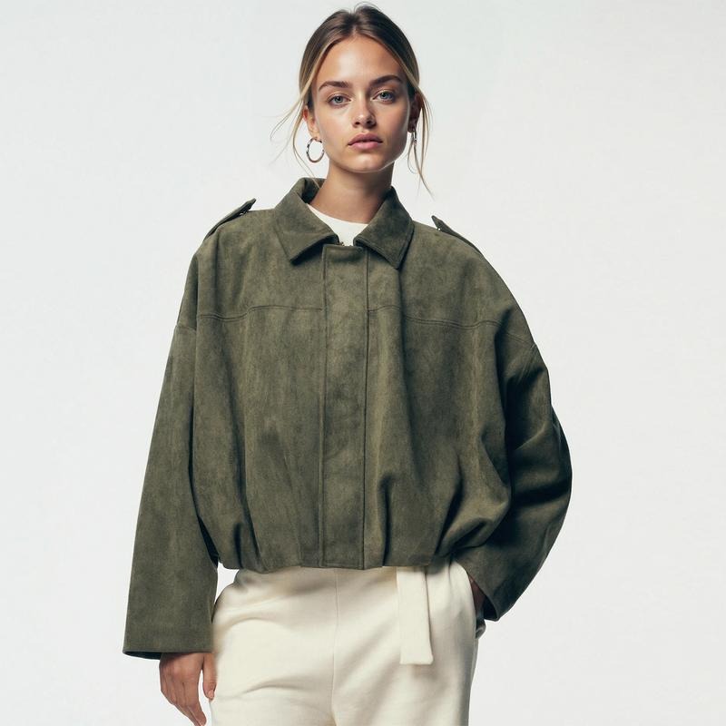 Blossom | Oversized Suede Bomber Jacket with Zip Front and Drop Shoulders