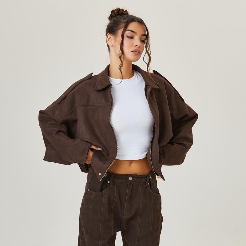 Blossom | Oversized Suede Bomber Jacket with Zip Front and Drop Shoulders