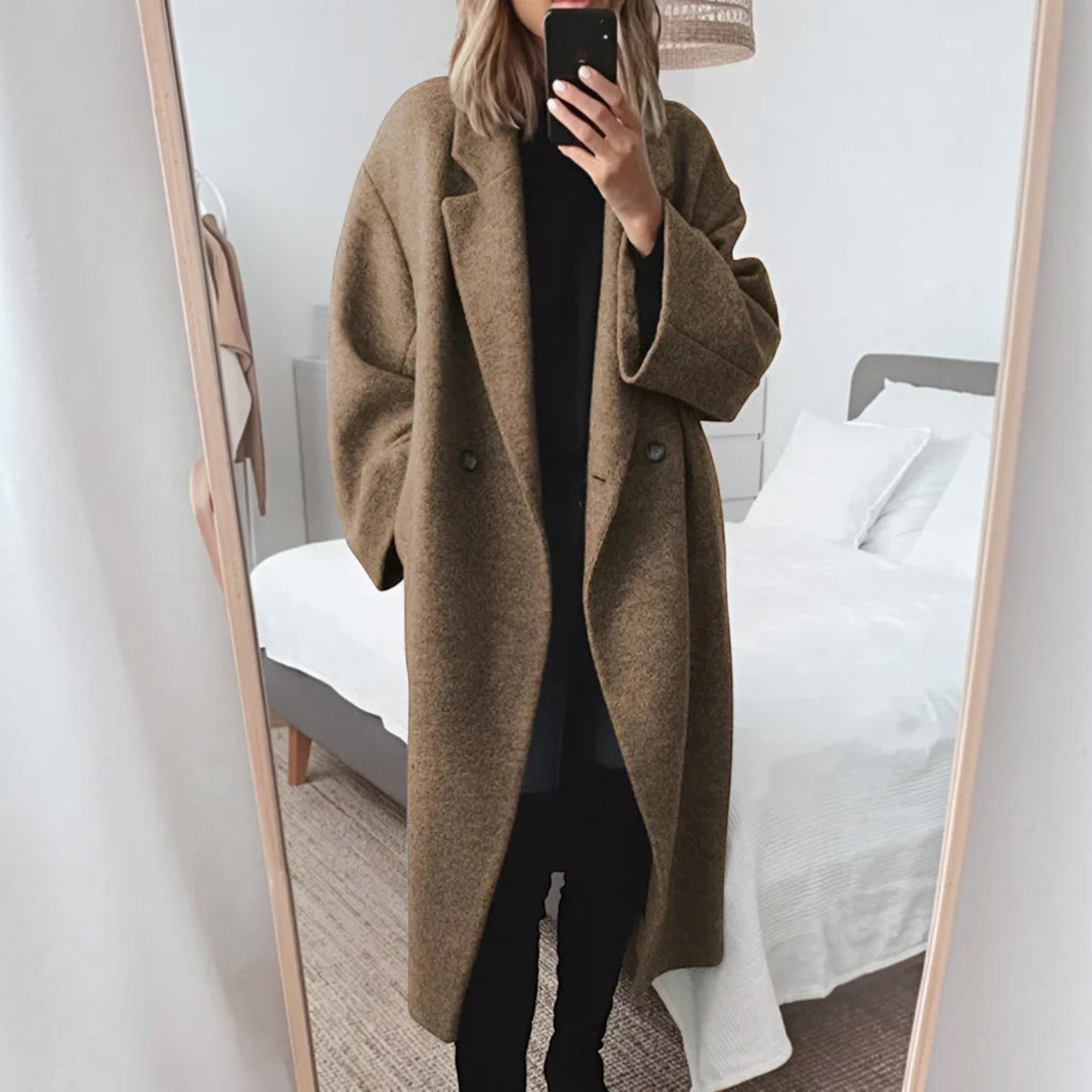 Olive | Women's Wool Blend Maxi Coat Double-Breasted Long Coat