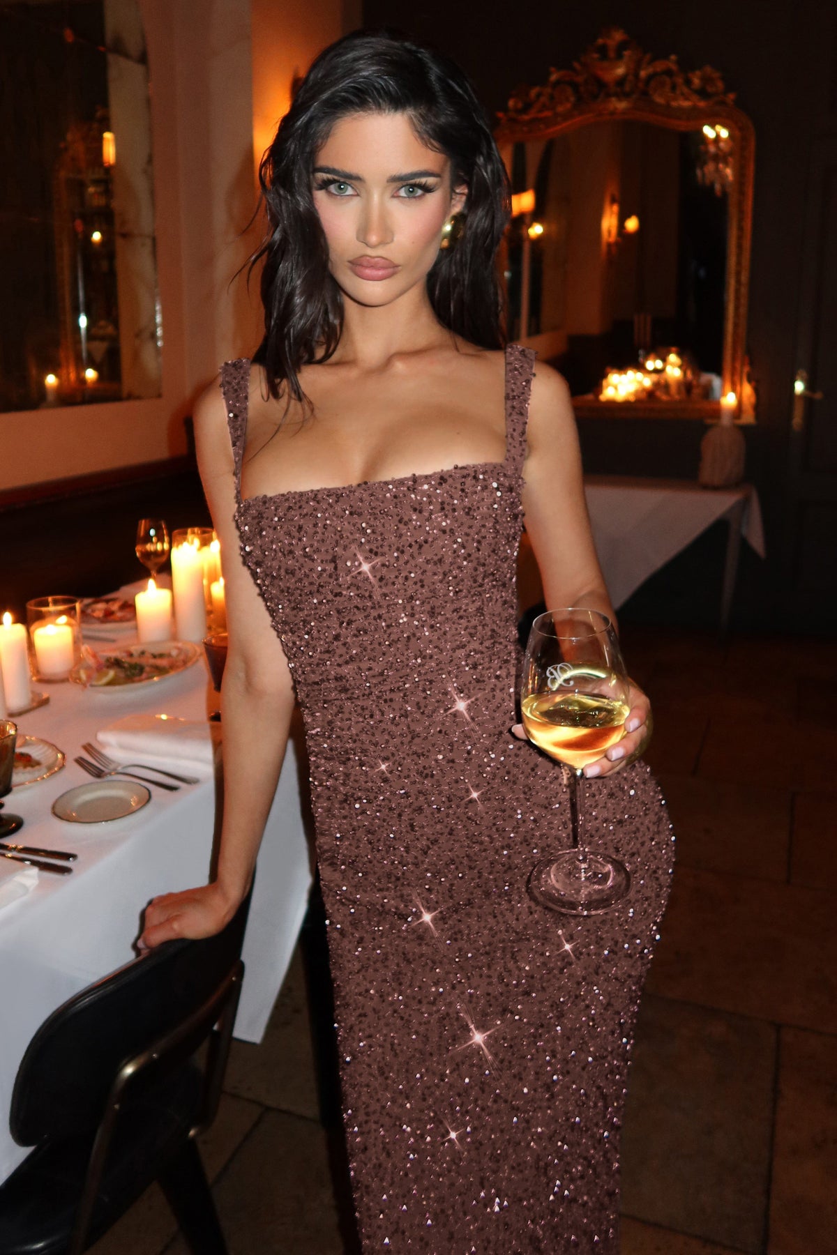 Women's Sequin Tie-Up Maxi Dress with Square Neck