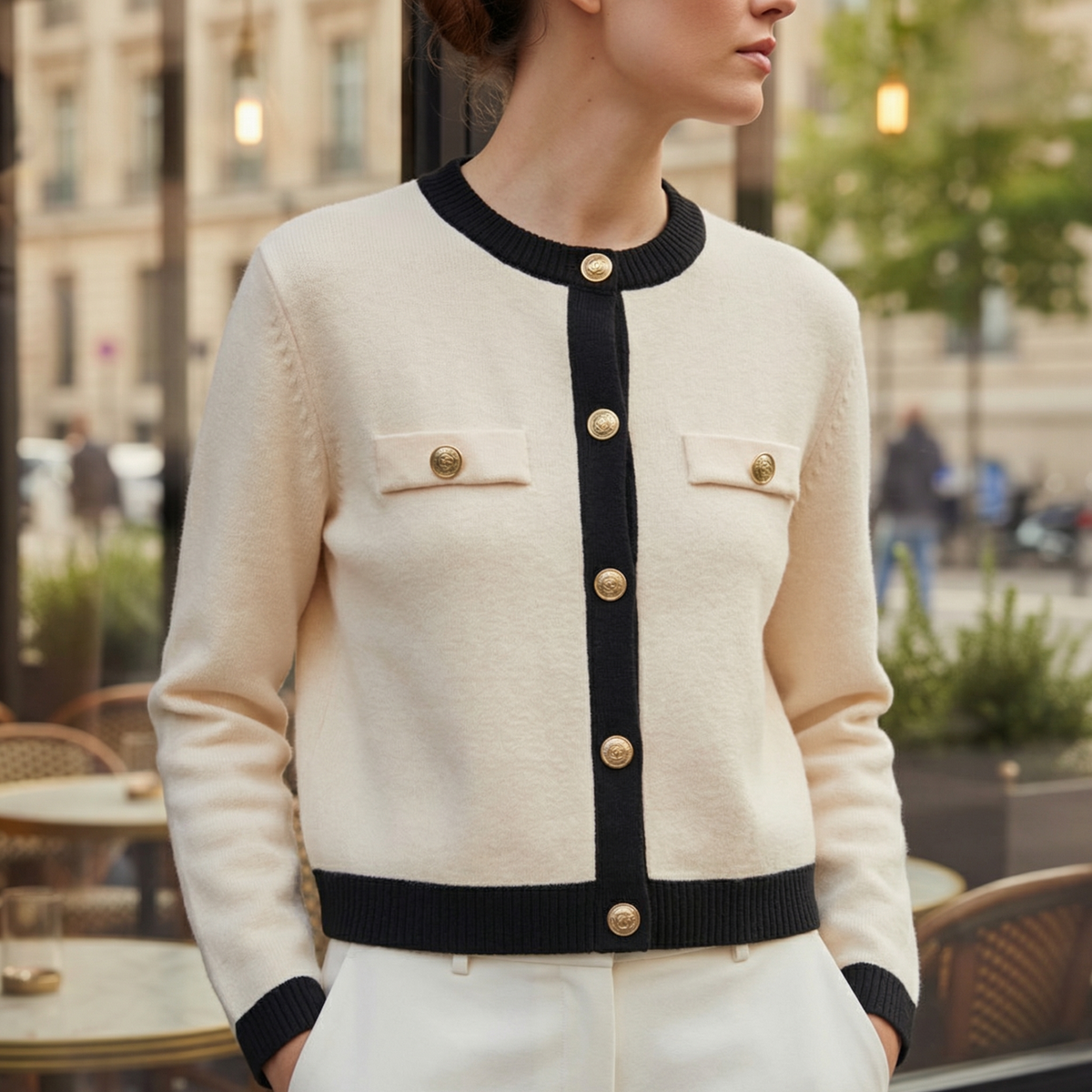 Selina | Polished Knit Cardigan with Gold Buttons and Chest Pockets