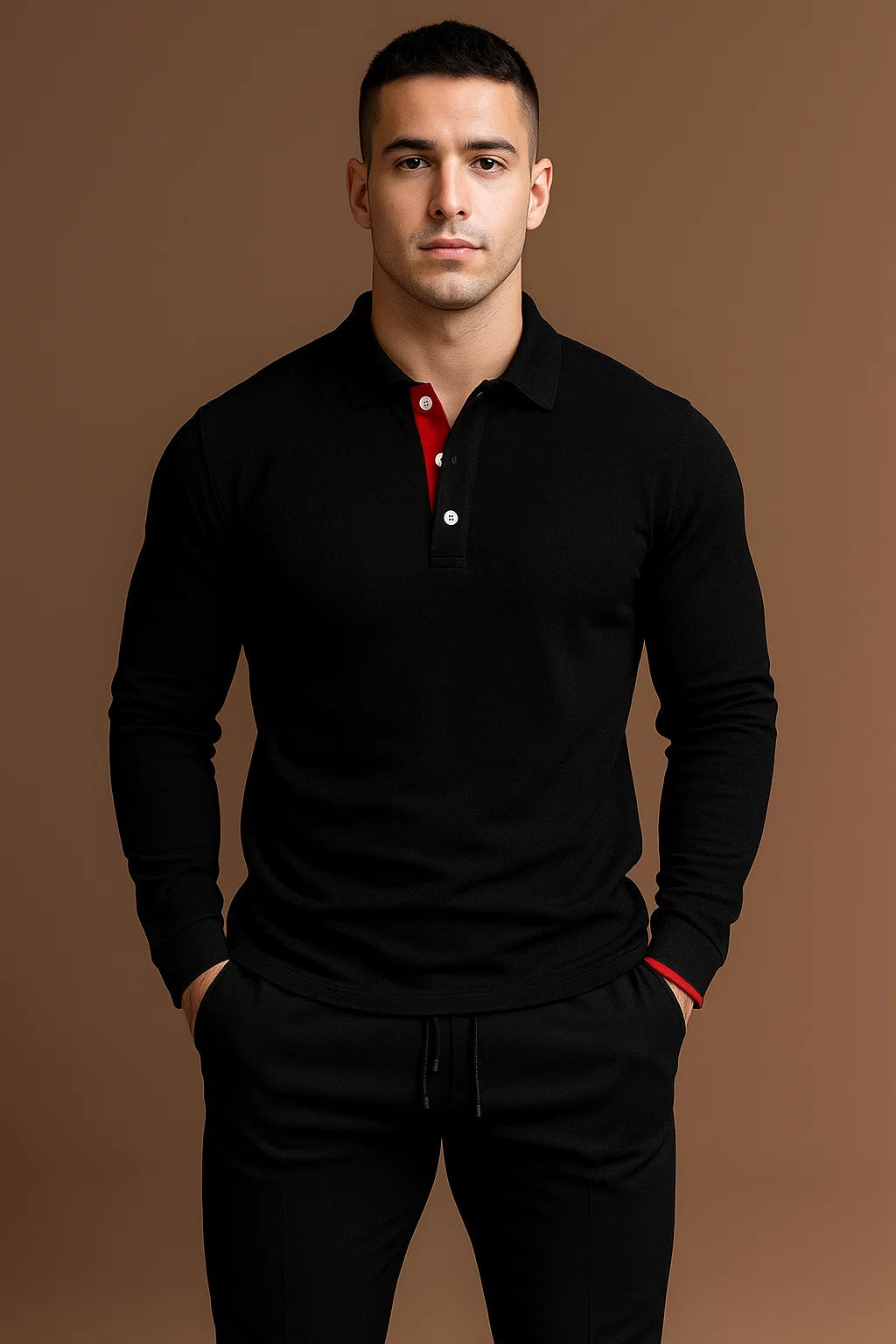 Men's Long Sleeve Polo Shirt with Button Placket