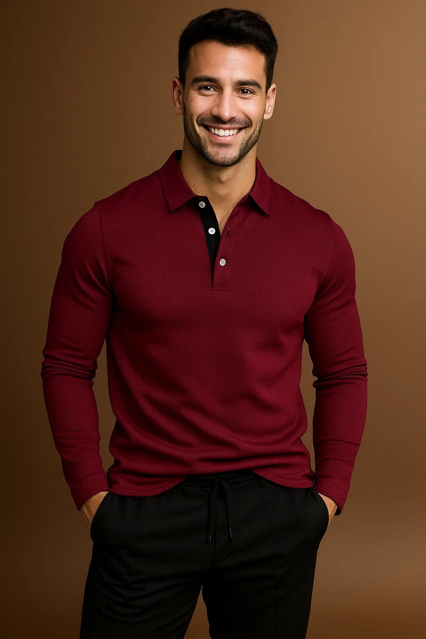 Men's Long Sleeve Polo Shirt with Button Placket