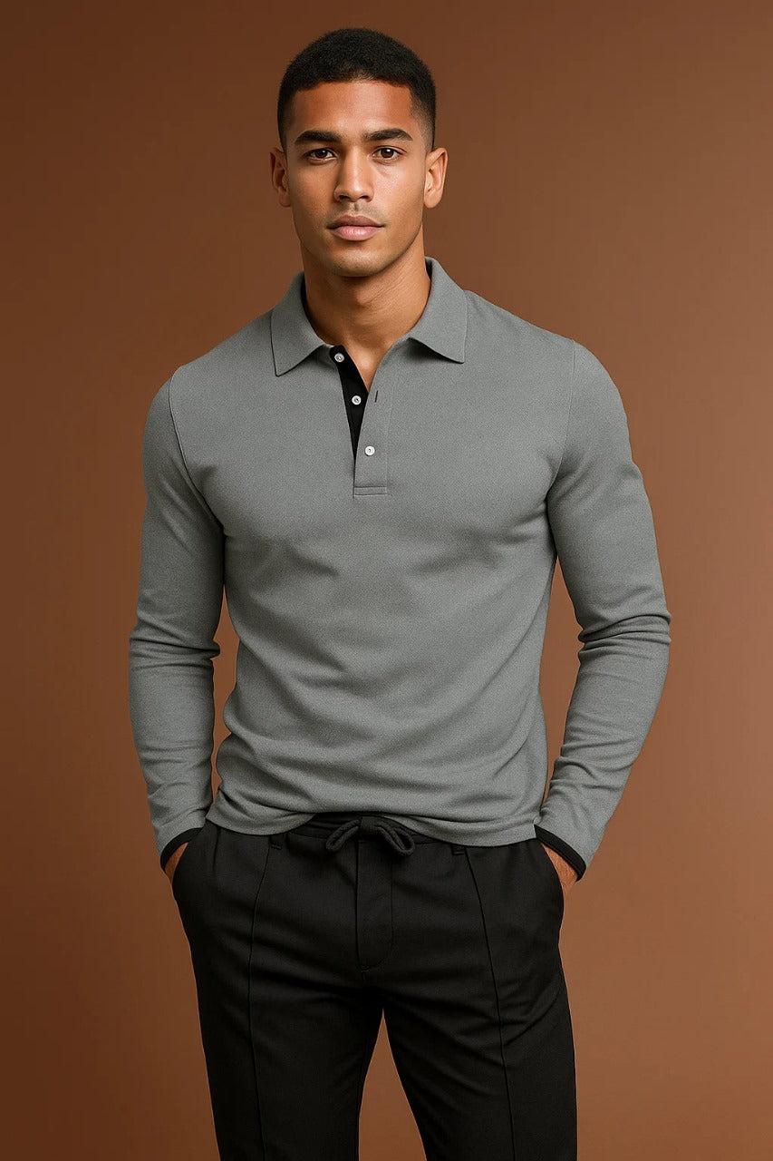 Men's Long Sleeve Polo Shirt with Button Placket