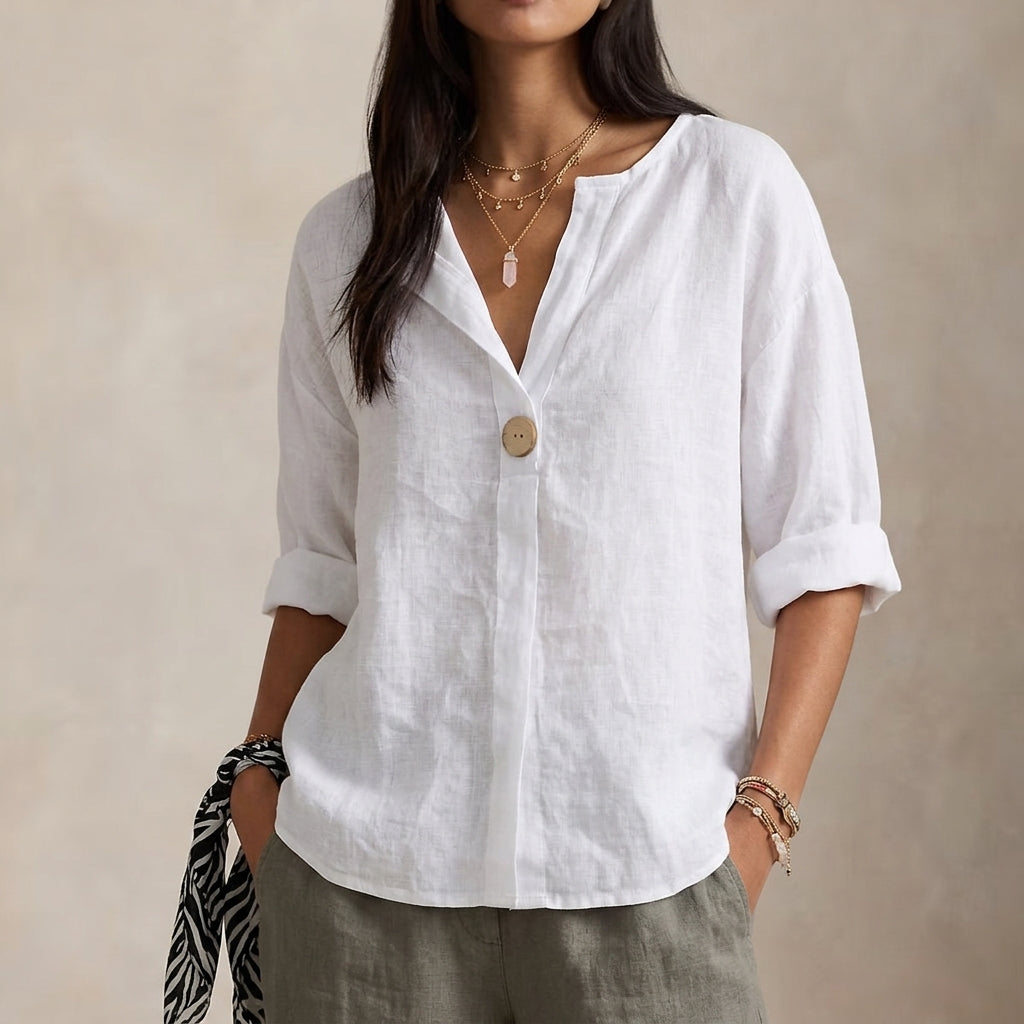 Kayla | Relaxed Linen Blouse with V-Neckline and Single Button