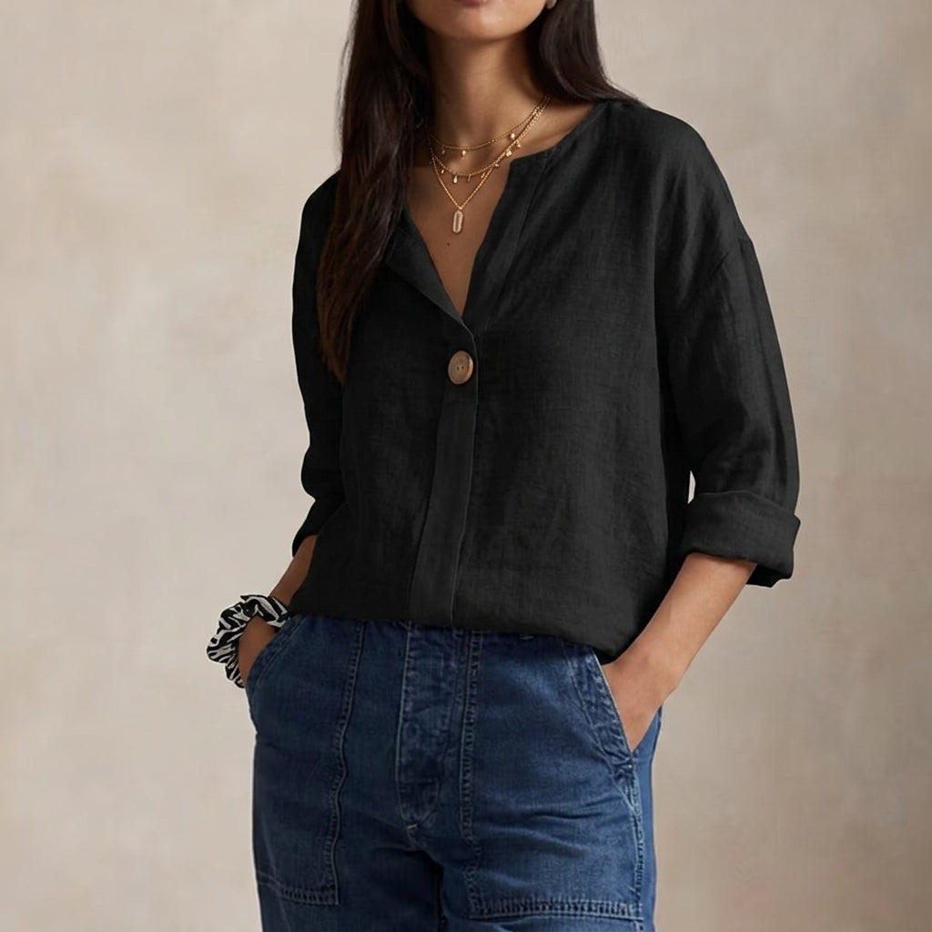 Kayla | Relaxed Linen Blouse with V-Neckline and Single Button