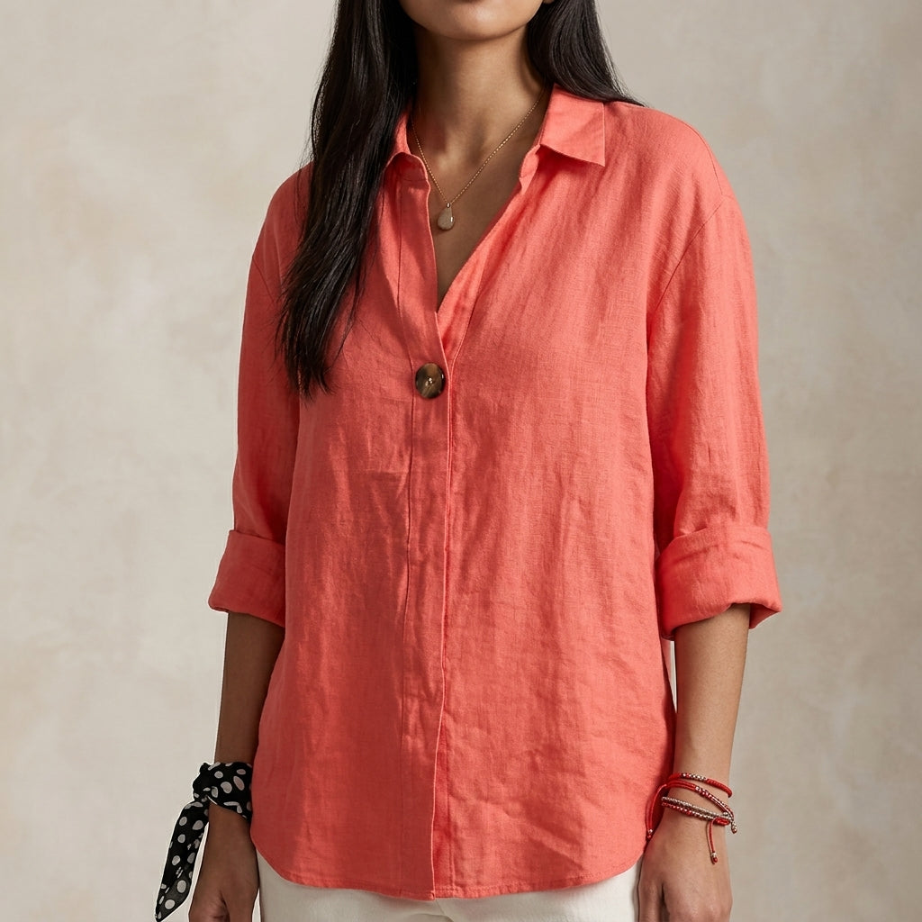 Kayla | Relaxed Linen Blouse with V-Neckline and Single Button