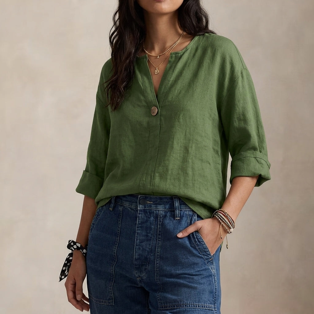 Kayla | Relaxed Linen Blouse with V-Neckline and Single Button