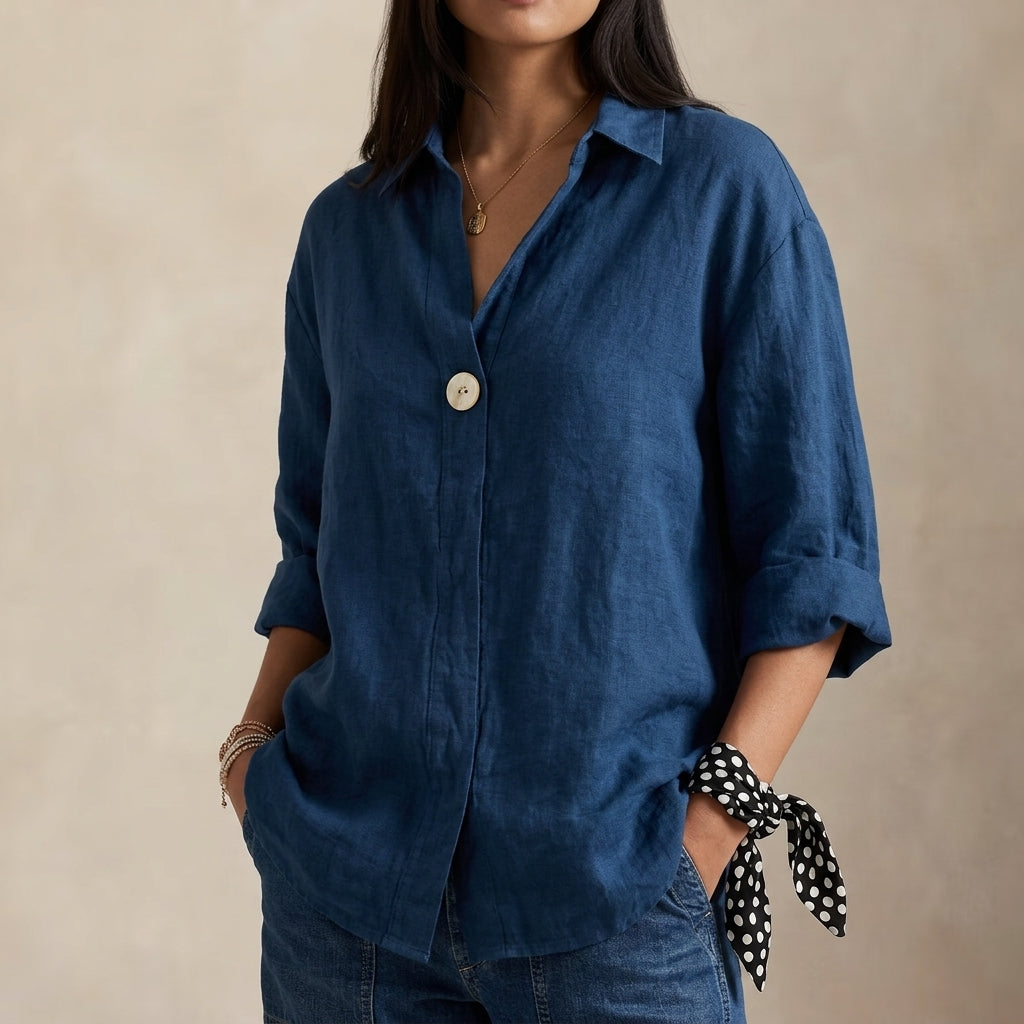 Kayla | Relaxed Linen Blouse with V-Neckline and Single Button