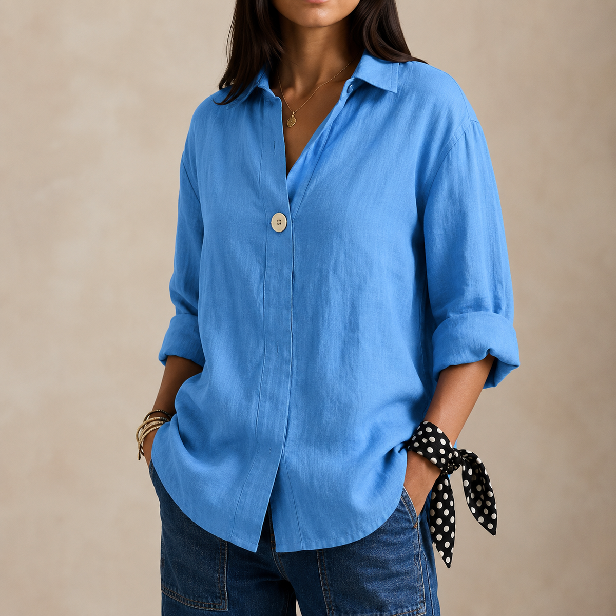 Kayla | Relaxed Linen Blouse with V-Neckline and Single Button