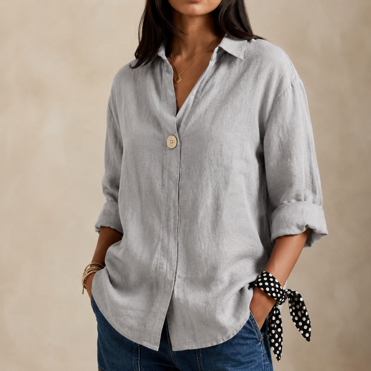 Kayla | Relaxed Linen Blouse with V-Neckline and Single Button