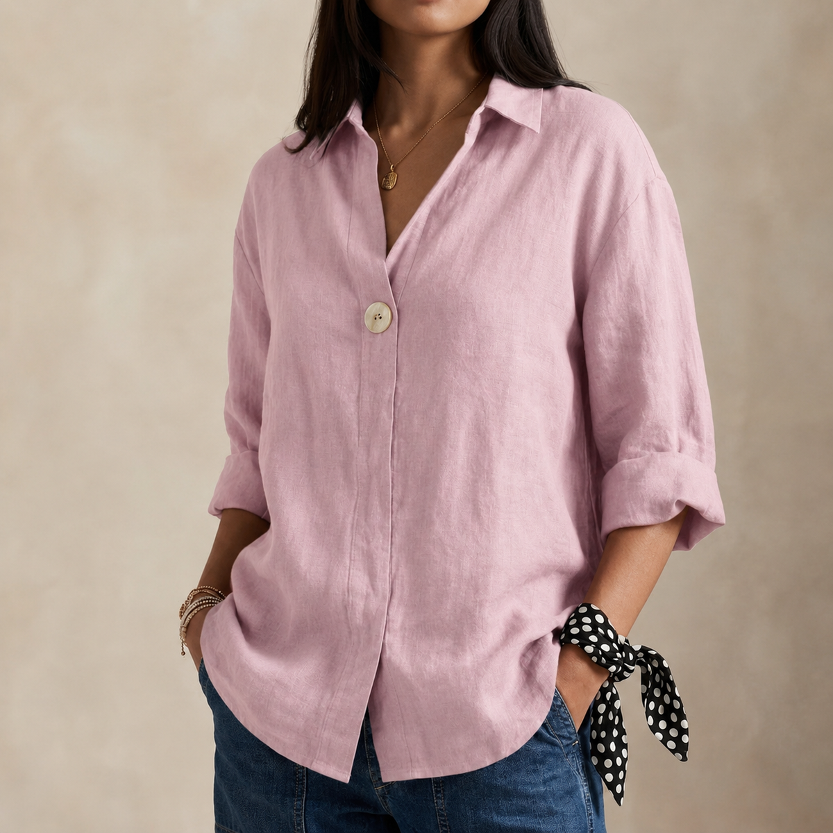 Kayla | Relaxed Linen Blouse with V-Neckline and Single Button