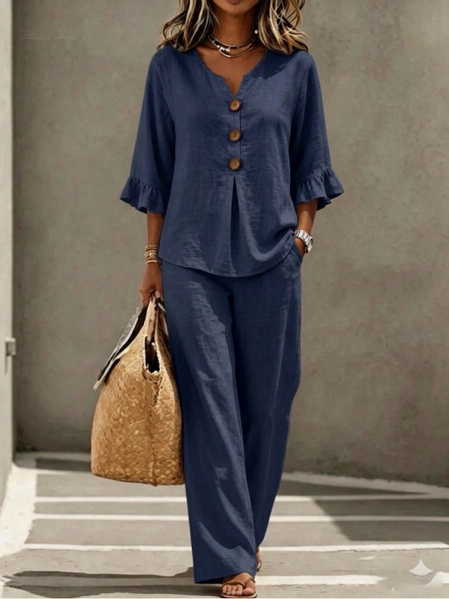 Leila | Relaxed Linen Two Piece Set with Ruffle Sleeve Top and Wide Leg Trousers