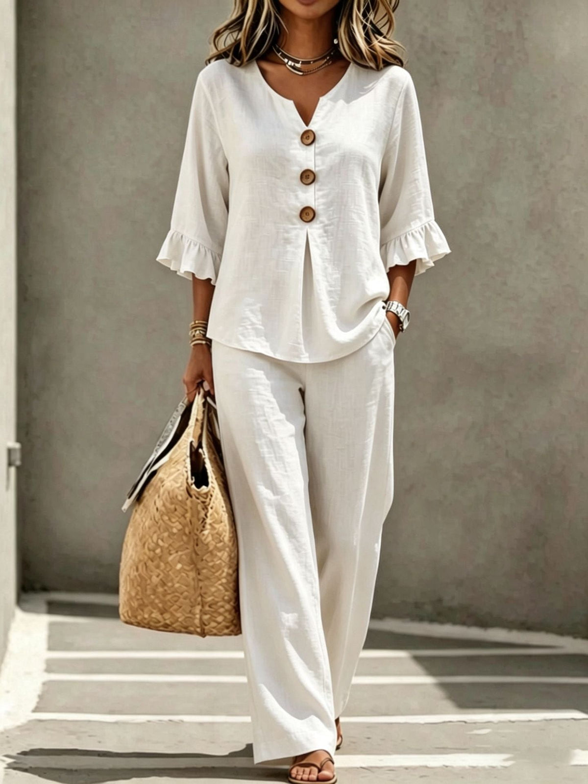 Leila | Relaxed Linen Two Piece Set with Ruffle Sleeve Top and Wide Leg Trousers