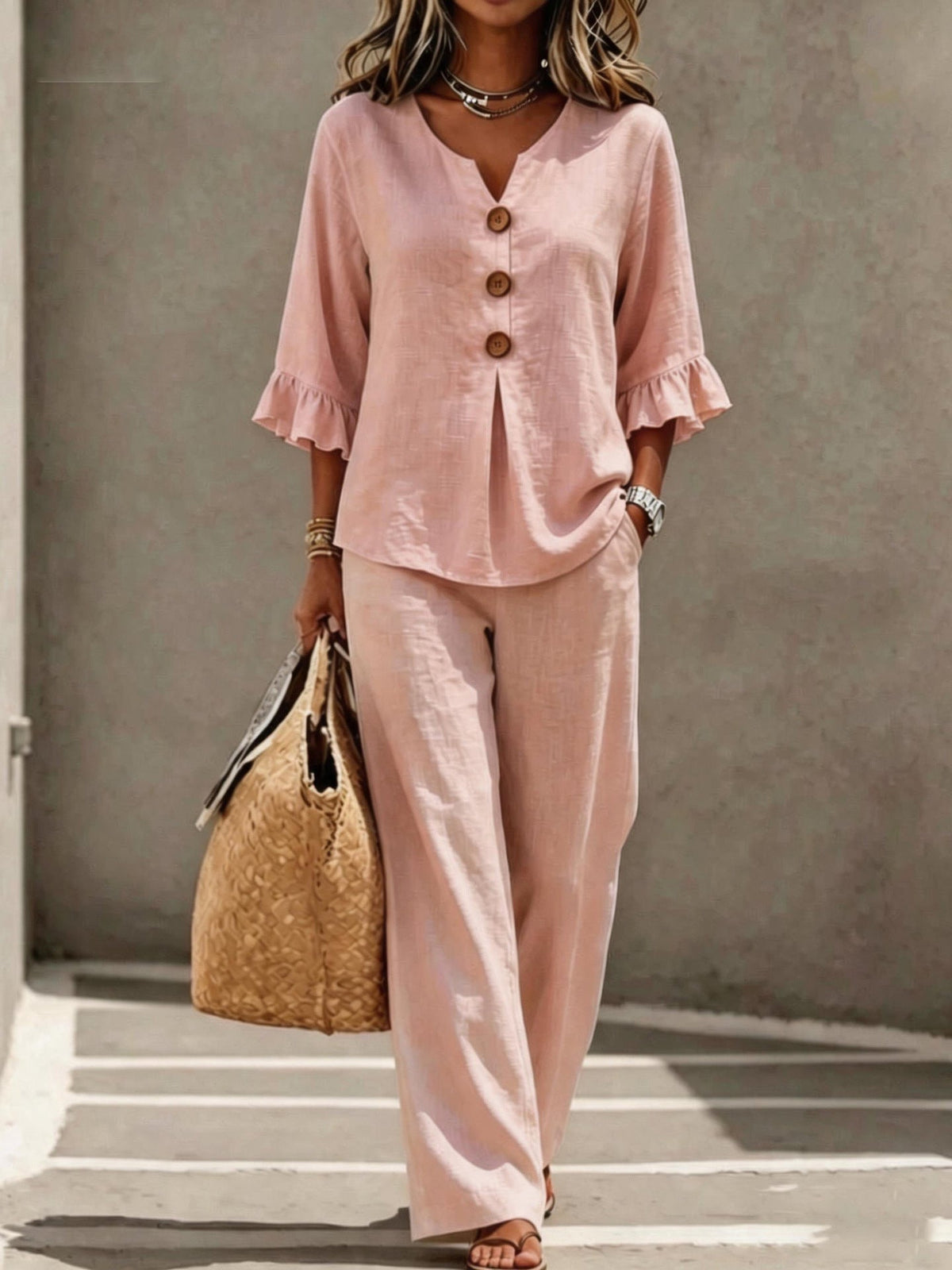 Leila | Relaxed Linen Two Piece Set with Ruffle Sleeve Top and Wide Leg Trousers