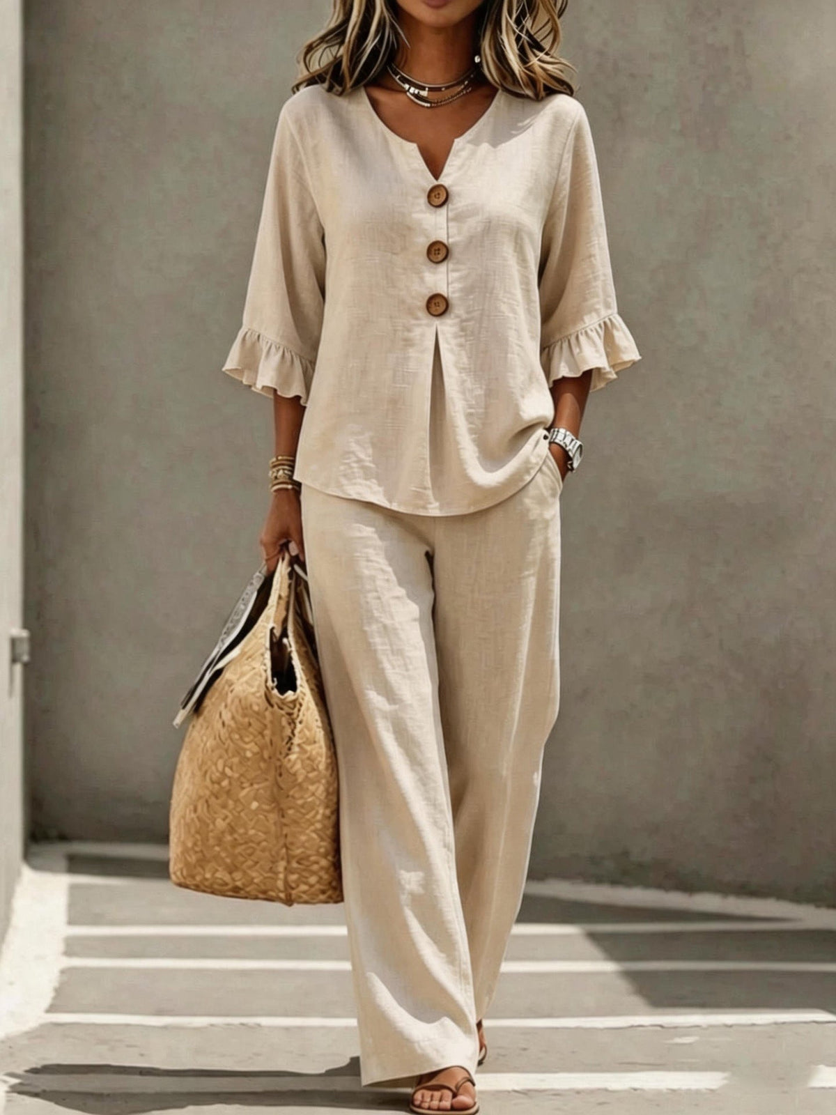 Leila | Relaxed Linen Two Piece Set with Ruffle Sleeve Top and Wide Leg Trousers