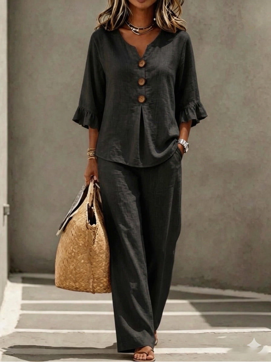 Leila | Relaxed Linen Two Piece Set with Ruffle Sleeve Top and Wide Leg Trousers