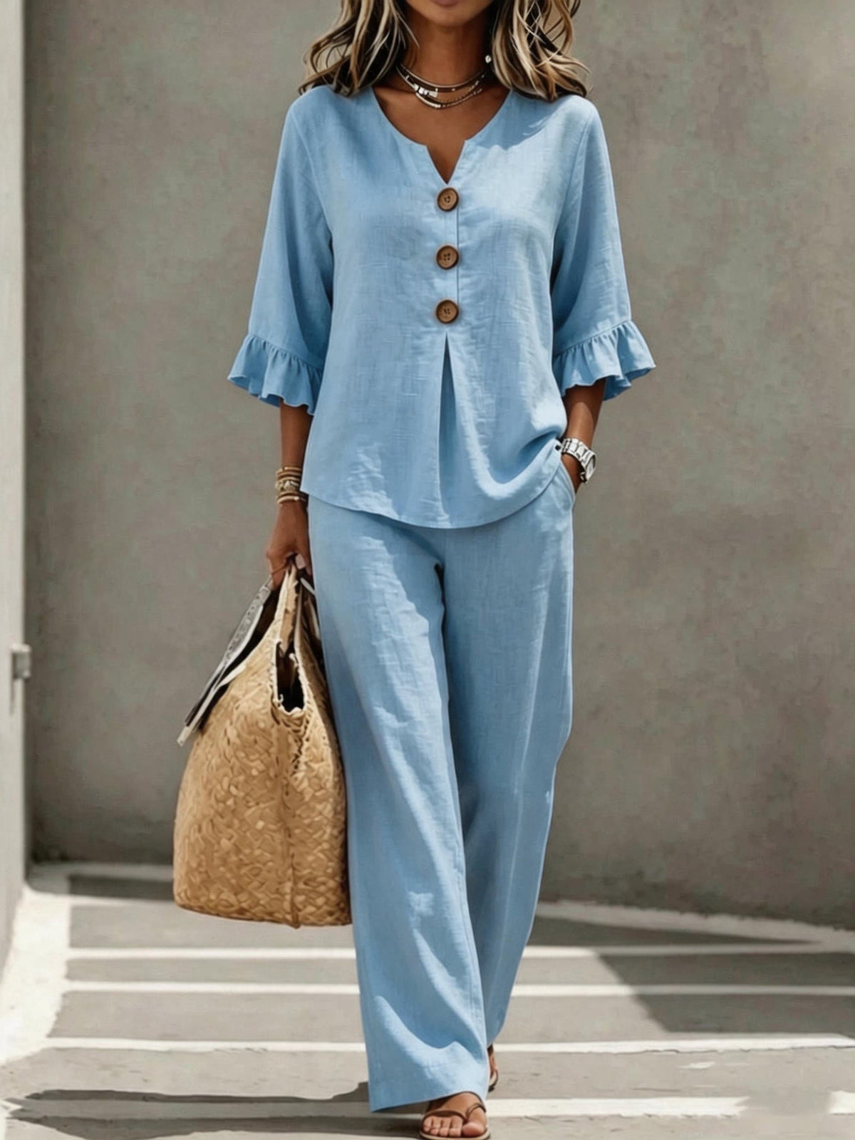 Leila | Relaxed Linen Two Piece Set with Ruffle Sleeve Top and Wide Leg Trousers