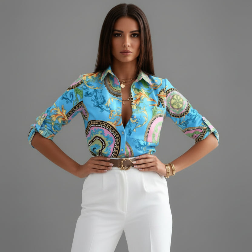 Meredith | Relaxed Printed Shirt with Classic Collar and Roll Up Sleeves