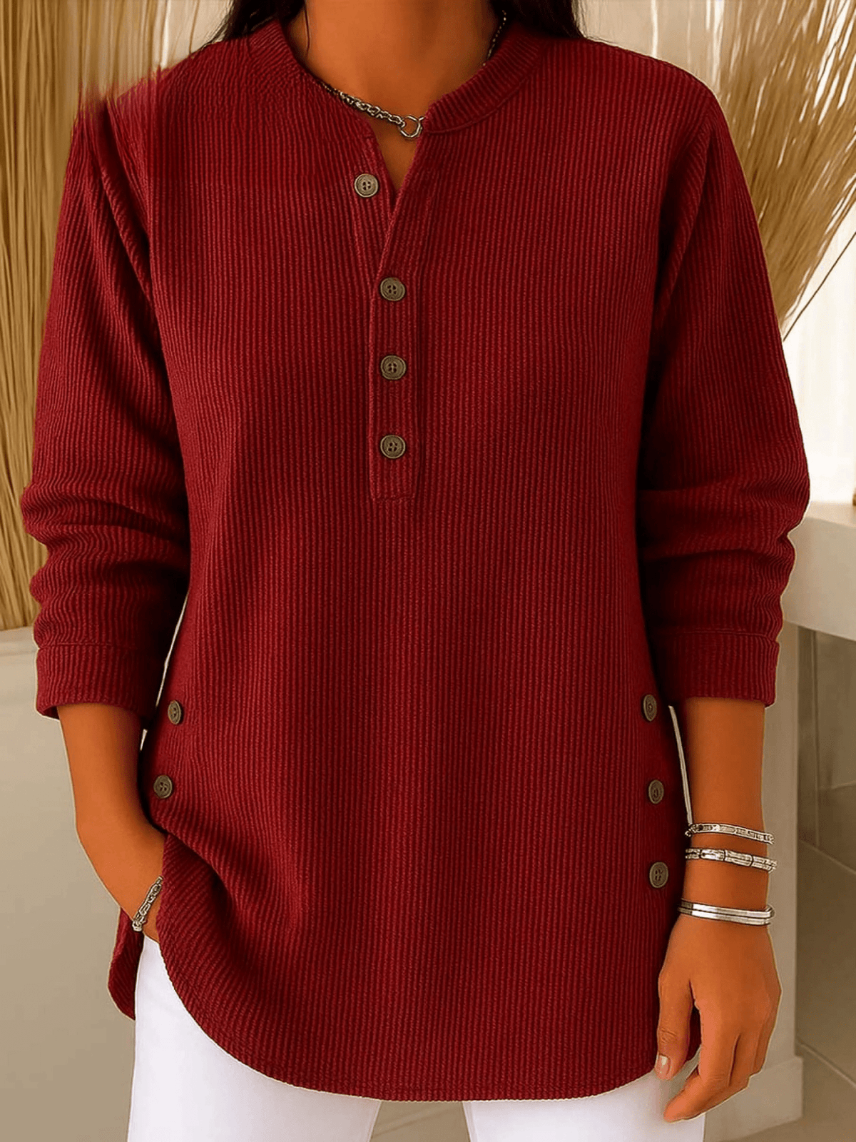 Beatrice | Ribbed Tunic Top with Henley Neckline and Side Button Detail