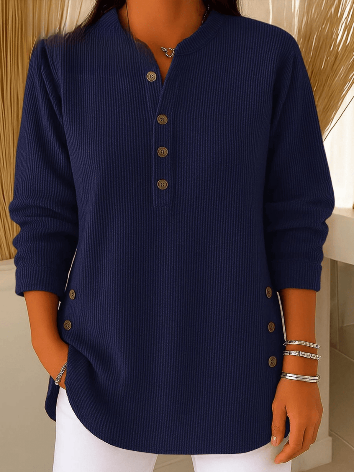 Beatrice | Ribbed Tunic Top with Henley Neckline and Side Button Detail