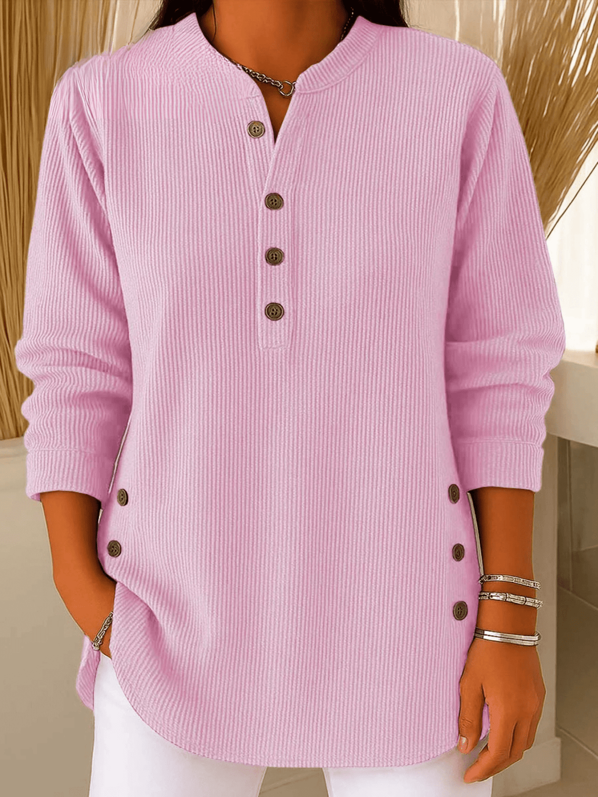 Beatrice | Ribbed Tunic Top with Henley Neckline and Side Button Detail
