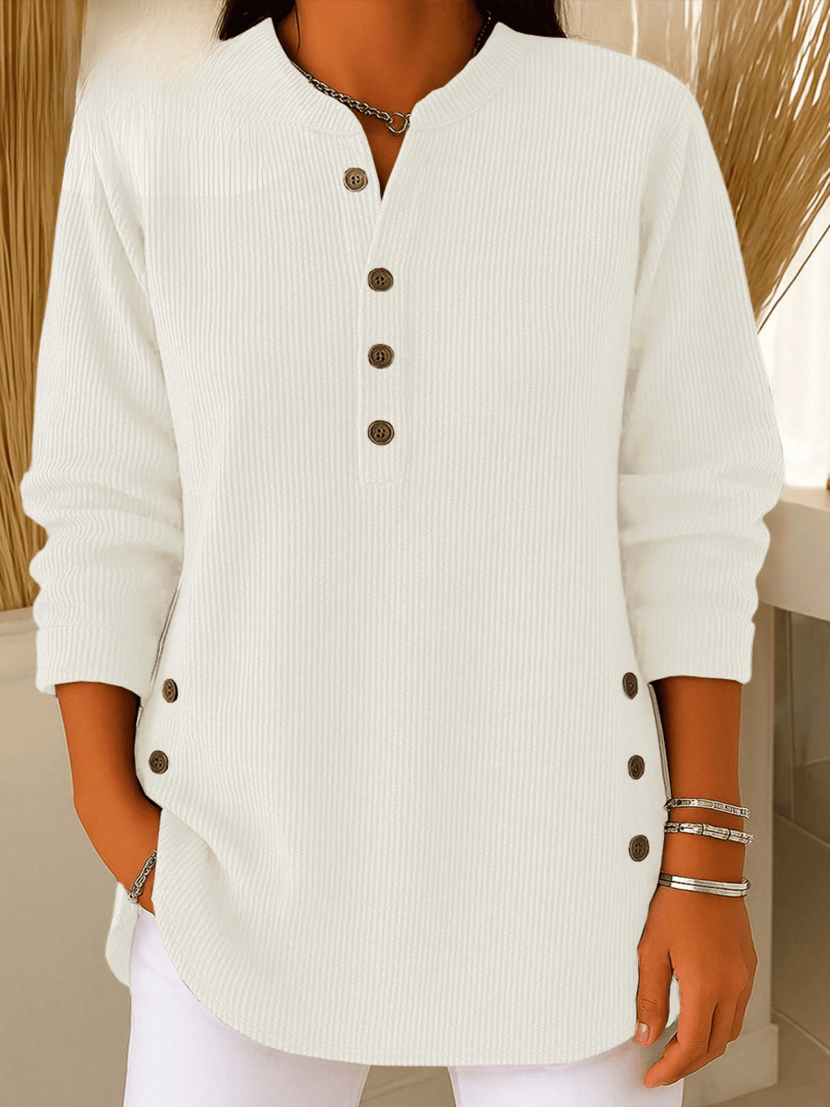 Beatrice | Ribbed Tunic Top with Henley Neckline and Side Button Detail