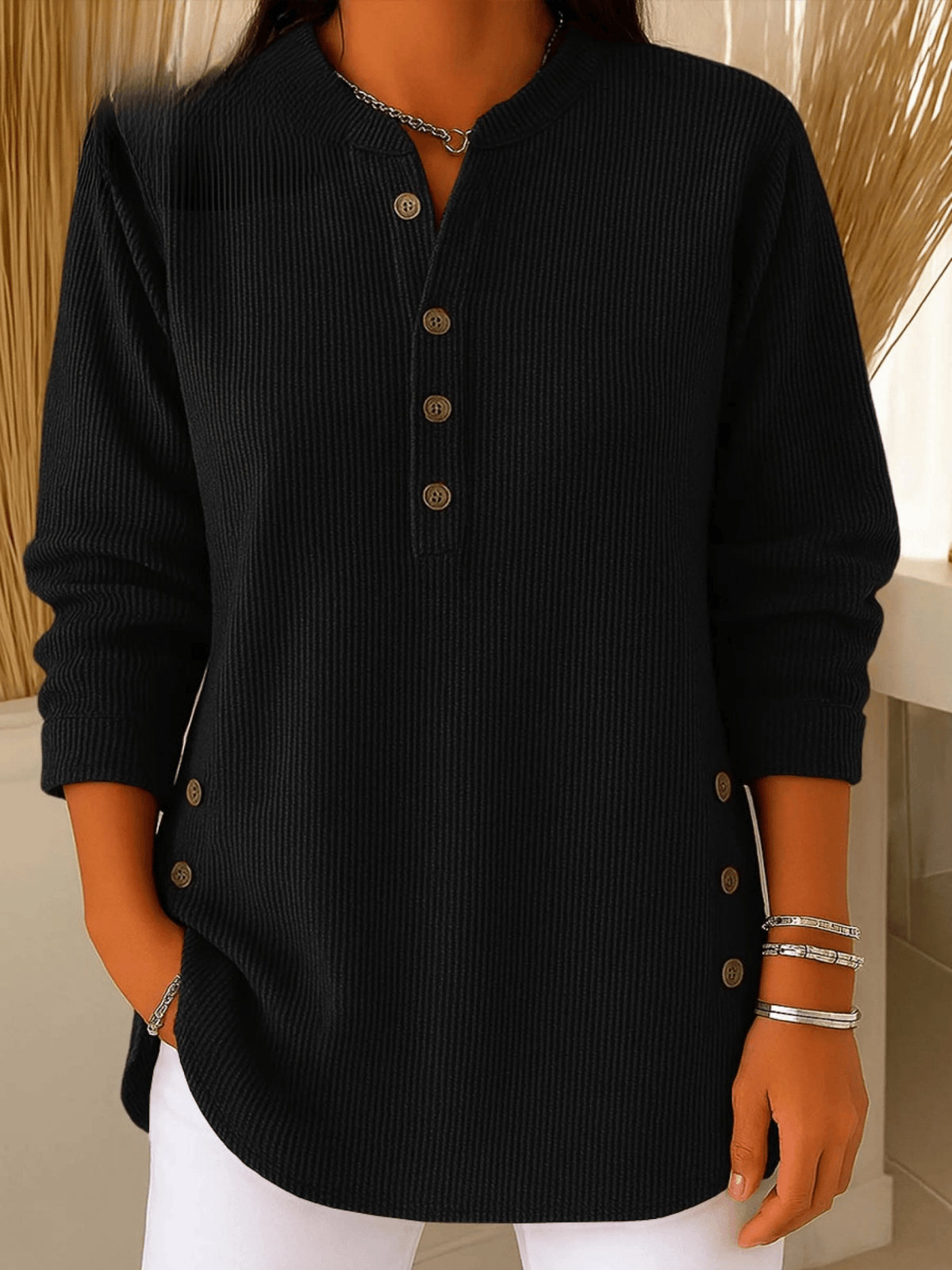 Beatrice | Ribbed Tunic Top with Henley Neckline and Side Button Detail