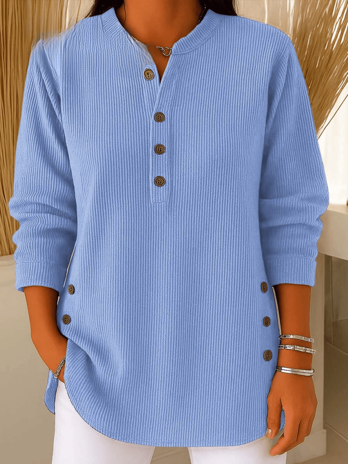 Beatrice | Ribbed Tunic Top with Henley Neckline and Side Button Detail