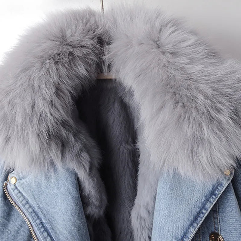 Women's Denim Coat with Removable Fox Fur Collar – Luxe Lined