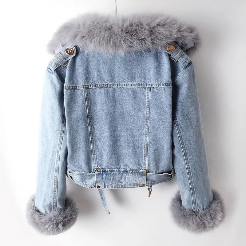 Women's Denim Coat with Removable Fox Fur Collar – Luxe Lined