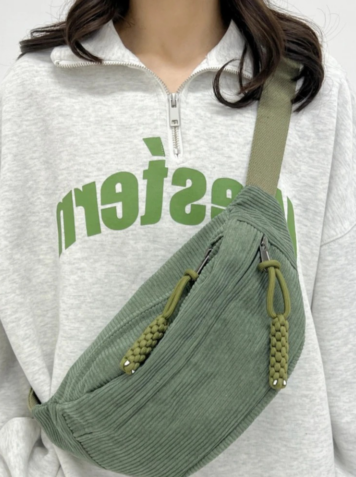 Violet | Sage Green Corduroy Crossbody Bum Bag with Braided Zip Pulls