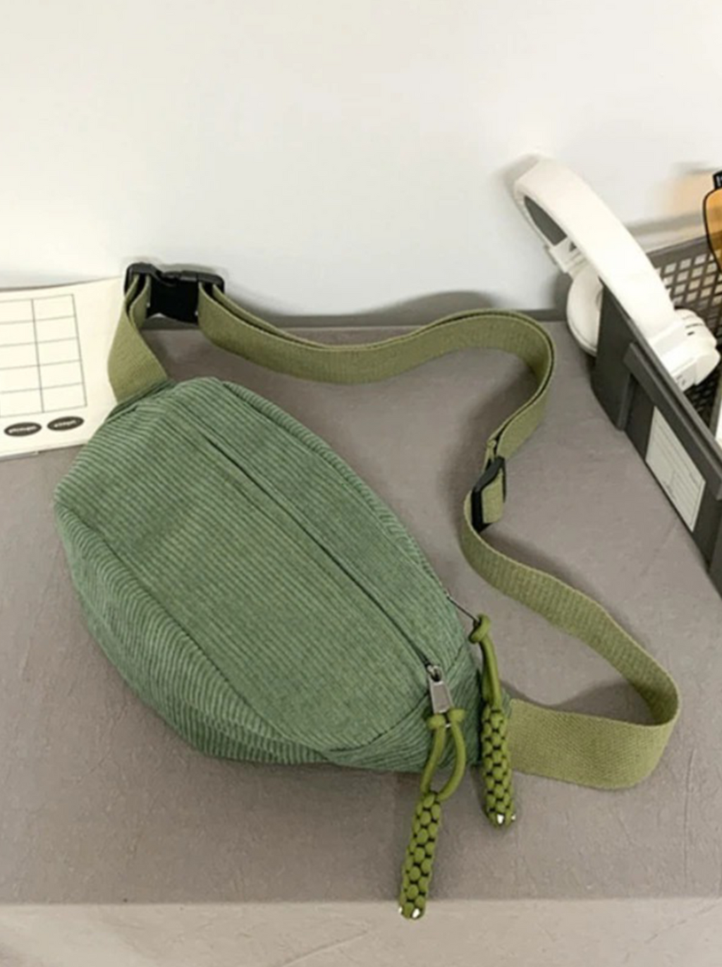 Violet | Sage Green Corduroy Crossbody Bum Bag with Braided Zip Pulls