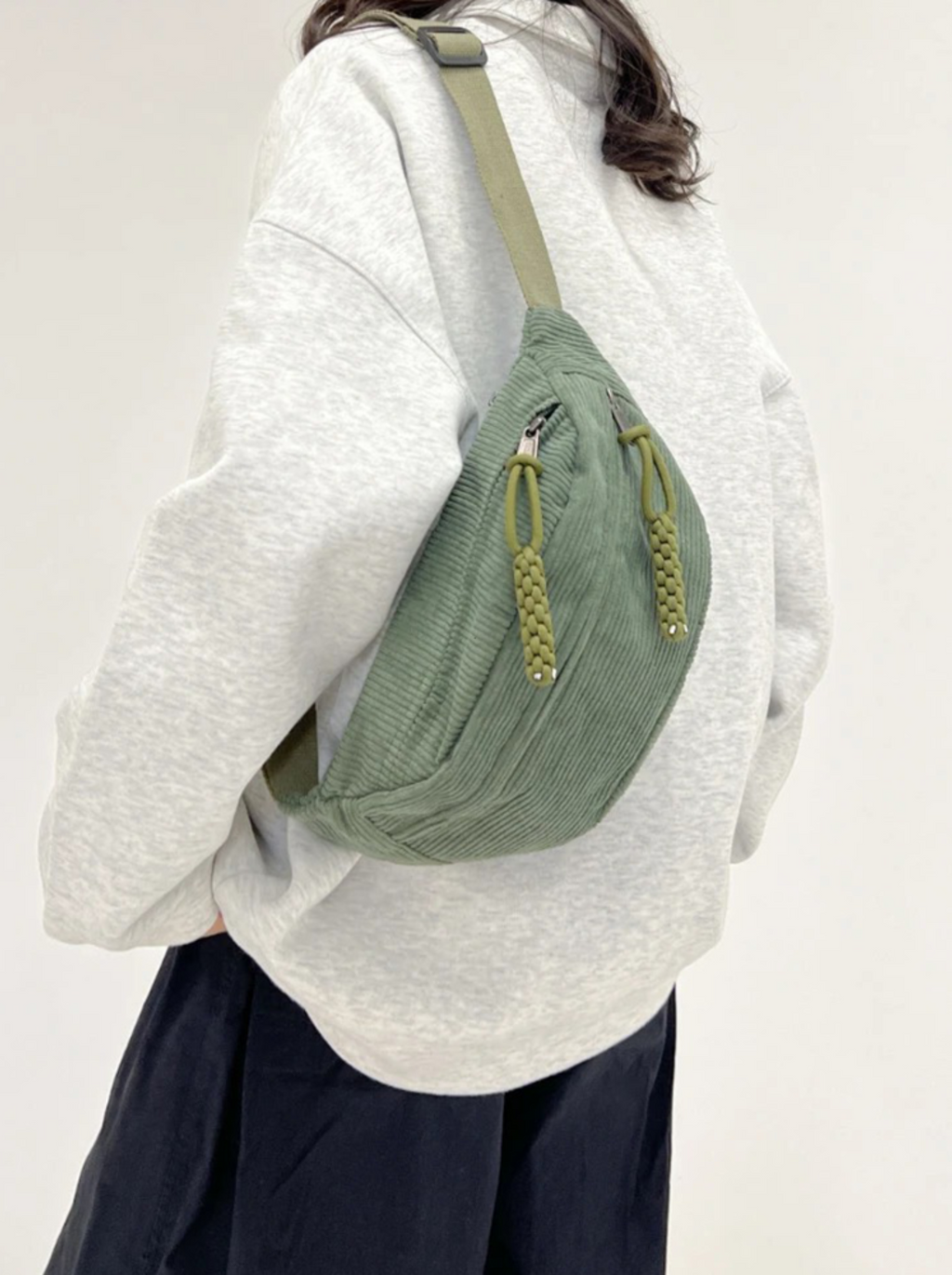 Violet | Sage Green Corduroy Crossbody Bum Bag with Braided Zip Pulls