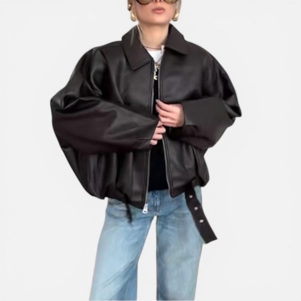 Women's Faux Leather Jacket – Belted Cropped Zip-Up