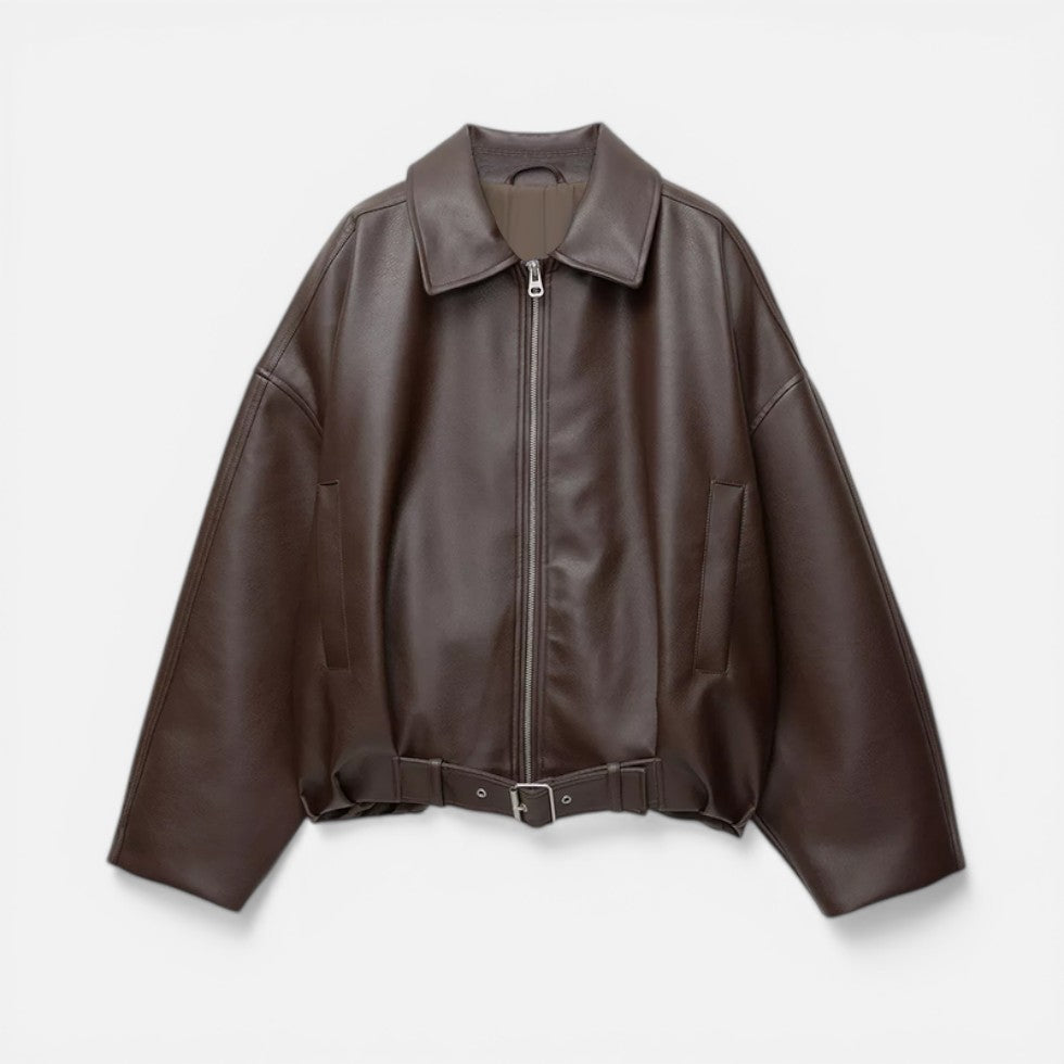 Women's Faux Leather Jacket – Belted Cropped Zip-Up