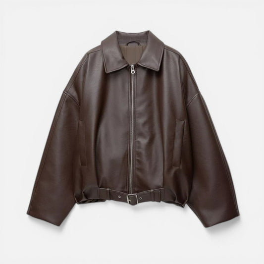 Women's Faux Leather Jacket – Belted Cropped Zip-Up