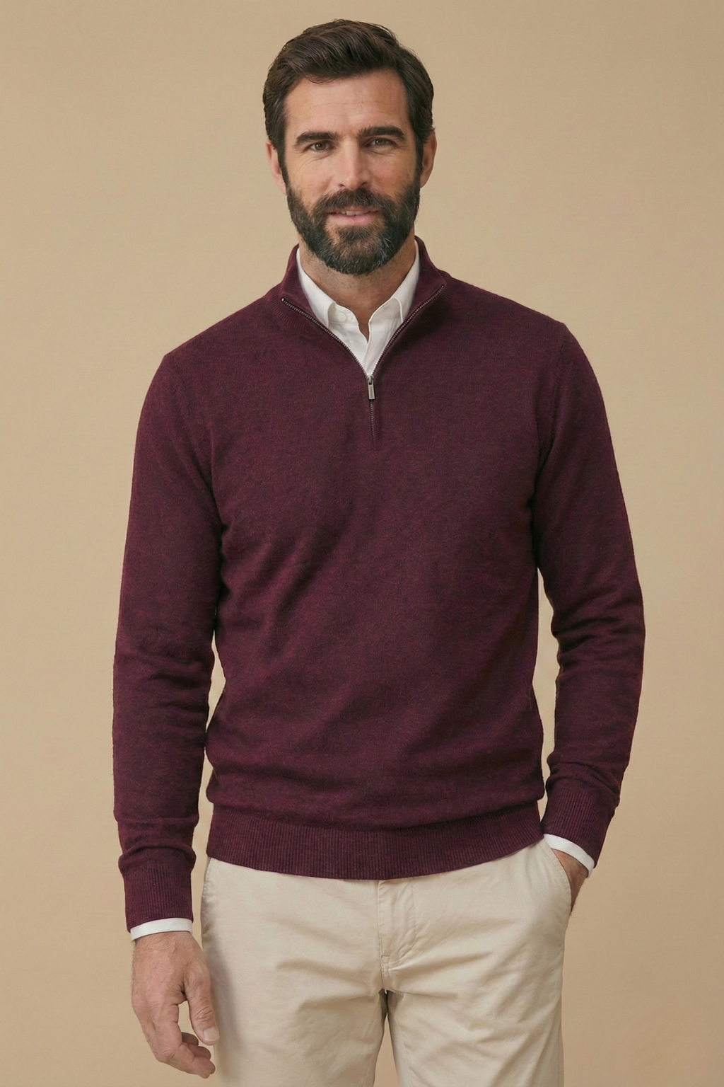 Men's Half Zip Jumper with Stand Collar and Ribbed Hem