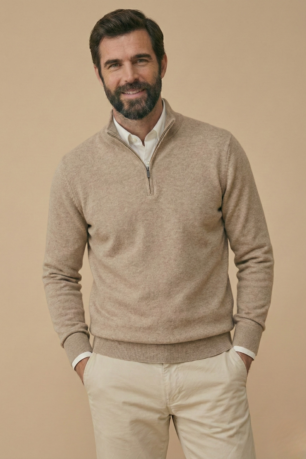 Men's Half Zip Jumper with Stand Collar and Ribbed Hem