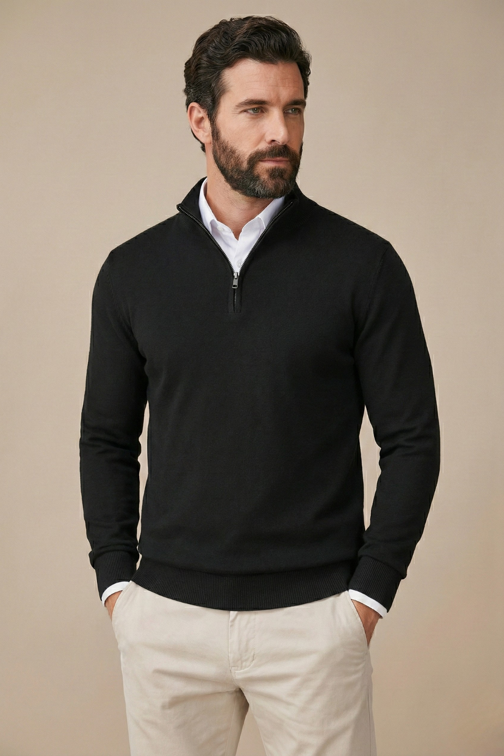 Men's Half Zip Jumper with Stand Collar and Ribbed Hem