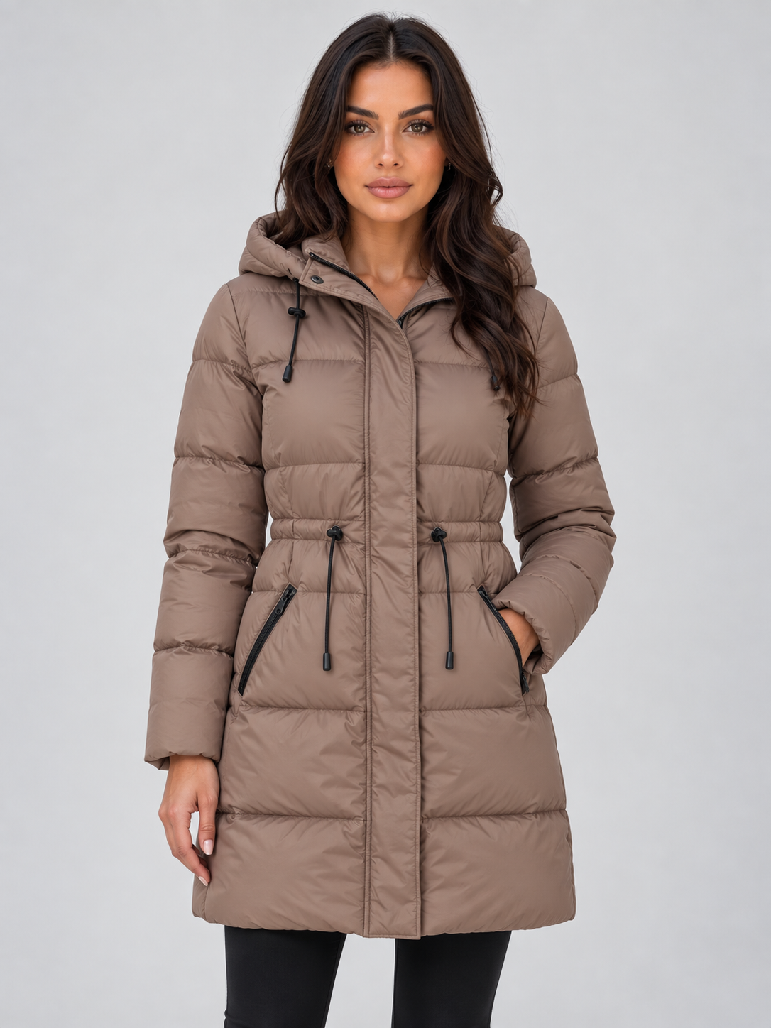 Women's Longline Hooded Puffer Coat with Drawstring Waist