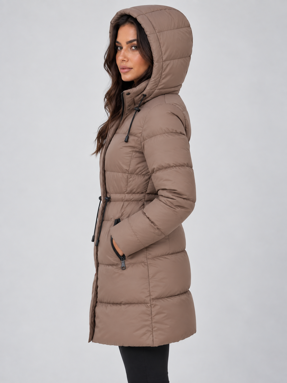 Women's Longline Hooded Puffer Coat with Drawstring Waist