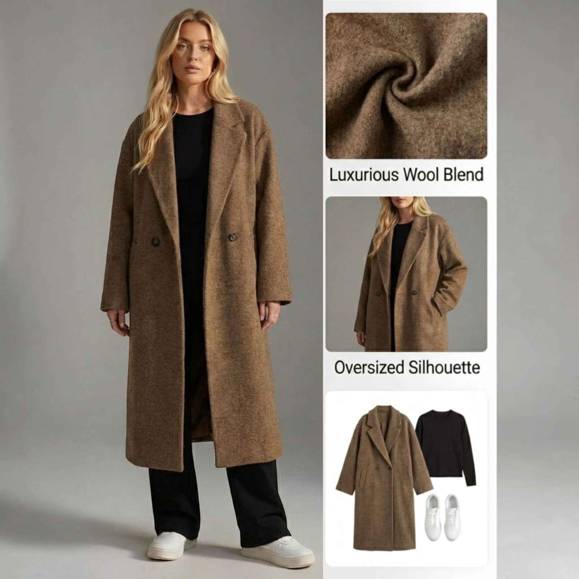 Olive | Women's Wool Blend Maxi Coat Double-Breasted Long Coat